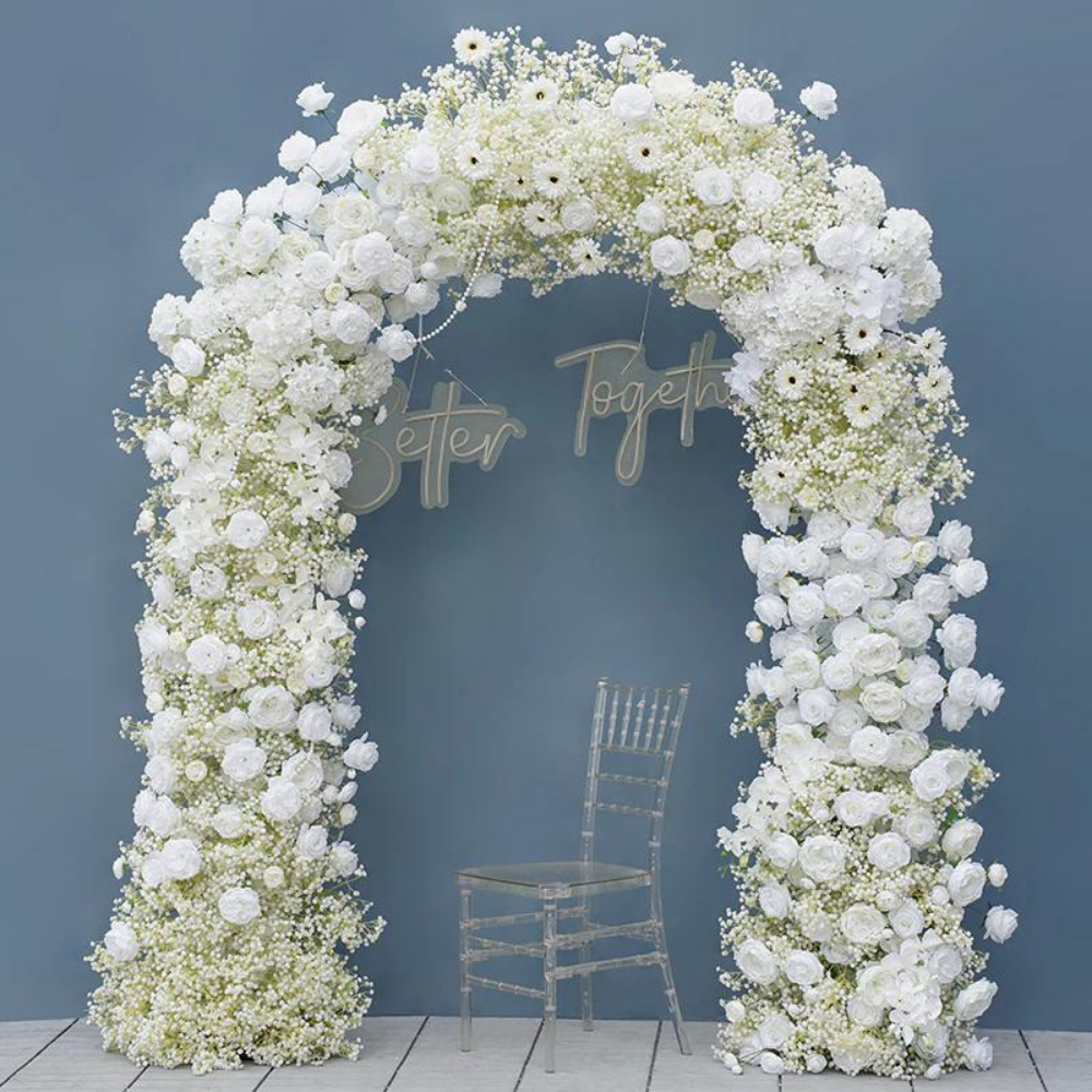 Baby’s breath + white roses arch pieces