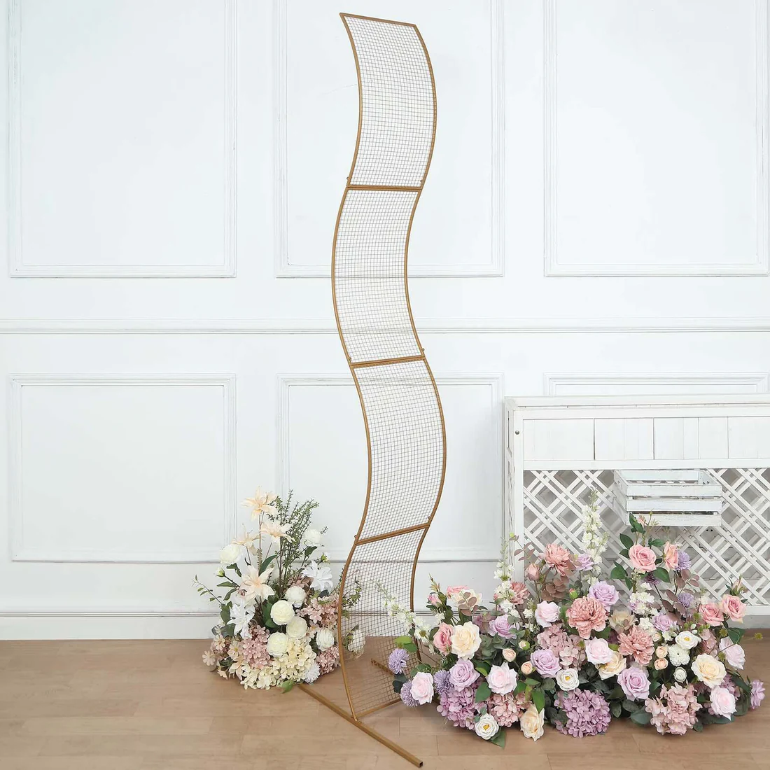 Gold Lattice Grid design wavy flower frame backdrop stand. S shaped